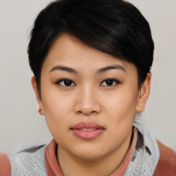 Neutral asian young-adult female with short  black hair and brown eyes