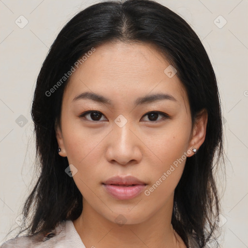 Neutral asian young-adult female with medium  brown hair and brown eyes