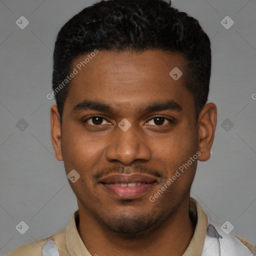 Joyful latino young-adult male with short  brown hair and brown eyes