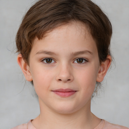 Joyful white child female with medium  brown hair and brown eyes