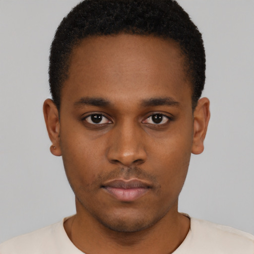 Neutral black young-adult male with short  black hair and brown eyes