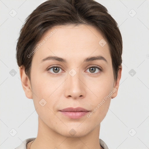 Neutral white young-adult female with short  brown hair and brown eyes