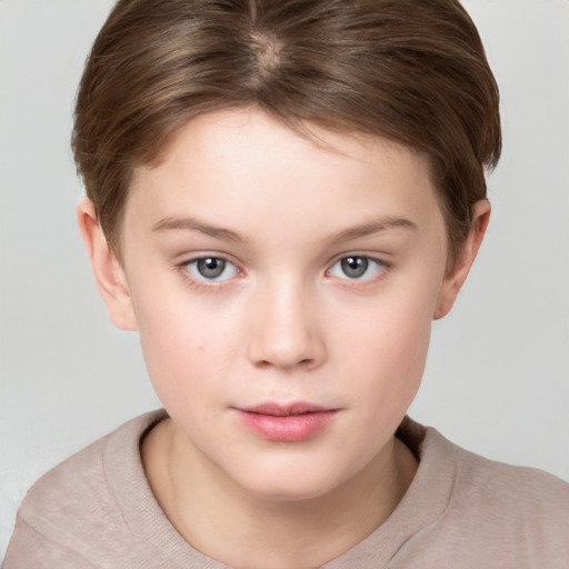 Neutral white child female with short  brown hair and grey eyes