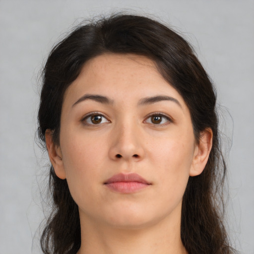 Neutral asian young-adult female with long  brown hair and brown eyes