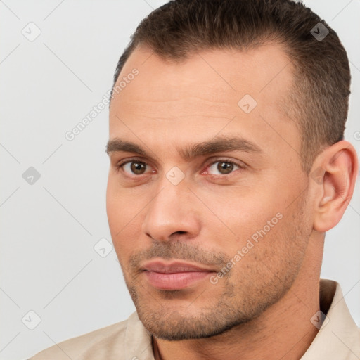 Neutral white young-adult male with short  brown hair and brown eyes