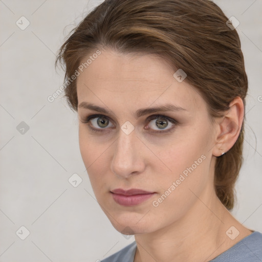 Neutral white young-adult female with medium  brown hair and brown eyes