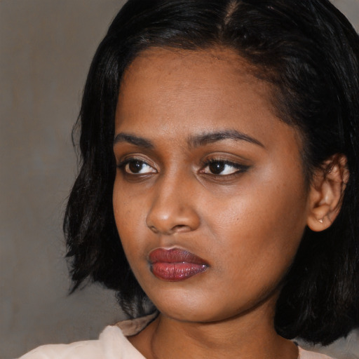 Neutral asian young-adult female with medium  black hair and brown eyes