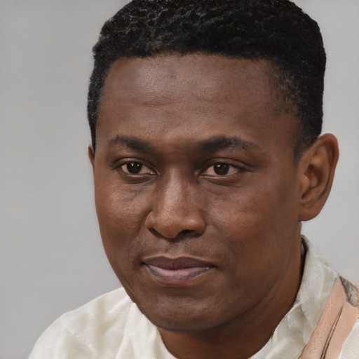 Joyful black adult male with short  brown hair and brown eyes