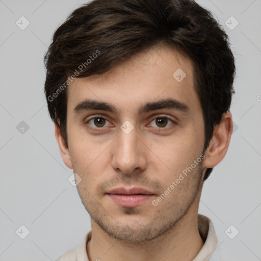 Neutral white young-adult male with short  brown hair and brown eyes