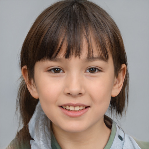 Joyful white child female with medium  brown hair and brown eyes