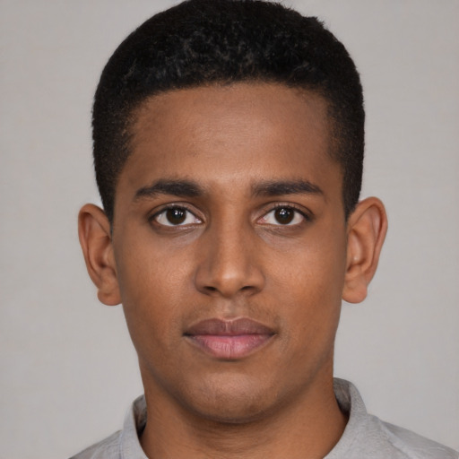 Neutral black young-adult male with short  black hair and brown eyes