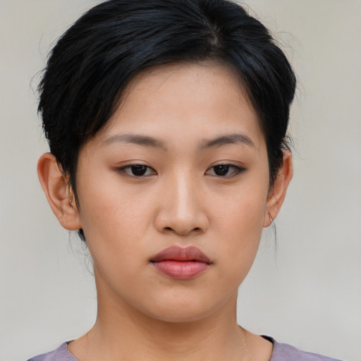 Neutral asian young-adult female with short  black hair and brown eyes