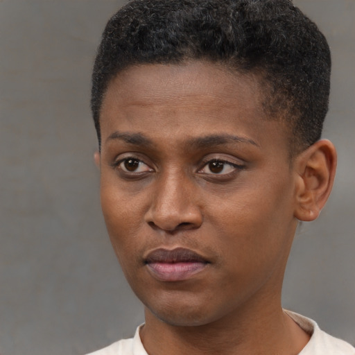 Joyful black young-adult male with short  brown hair and brown eyes