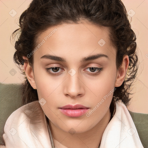 Neutral white young-adult female with medium  brown hair and brown eyes