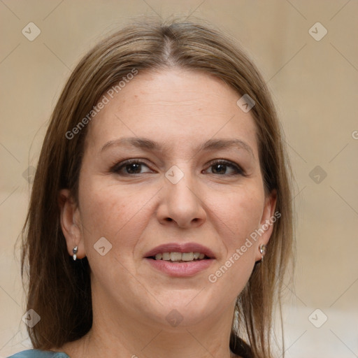 Joyful white adult female with medium  brown hair and brown eyes