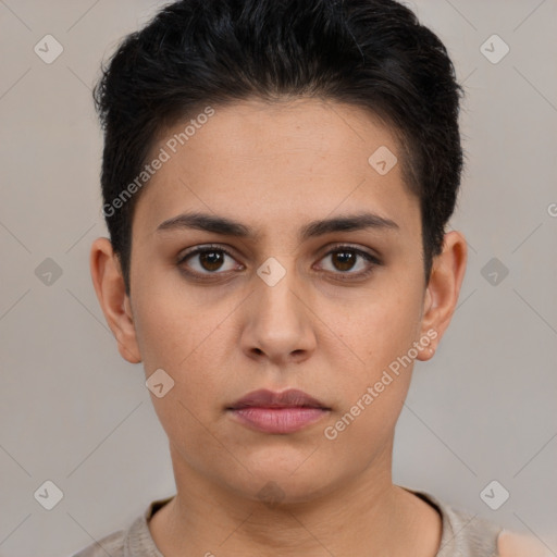 Neutral white young-adult female with short  brown hair and brown eyes