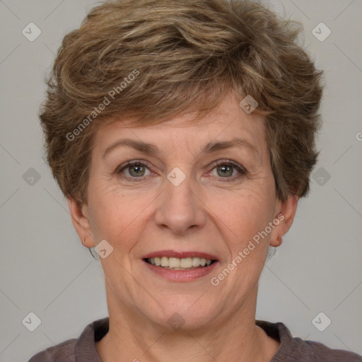 Joyful white adult female with short  brown hair and brown eyes