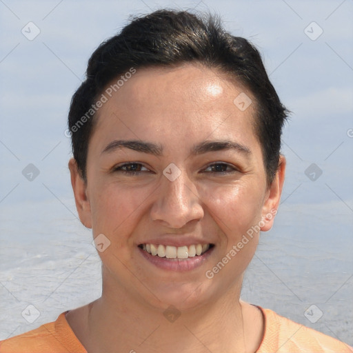 Joyful white young-adult female with short  brown hair and brown eyes