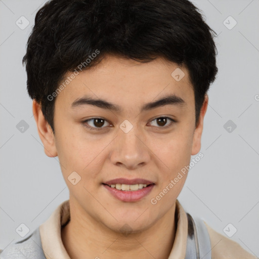 Joyful latino young-adult male with short  brown hair and brown eyes