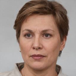 Joyful white adult female with short  brown hair and grey eyes