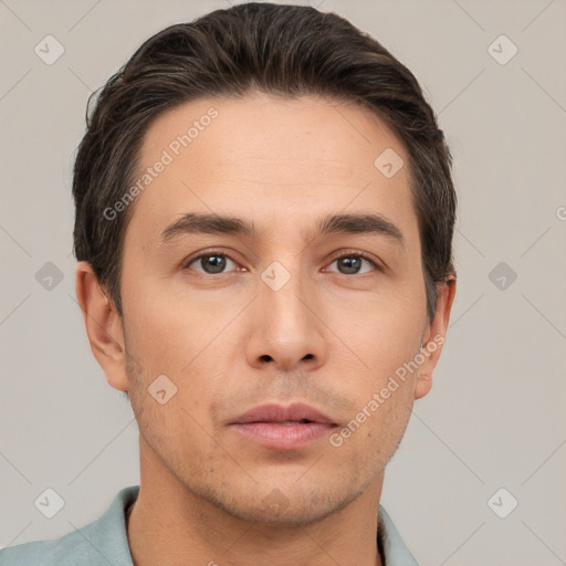 Neutral white young-adult male with short  brown hair and brown eyes