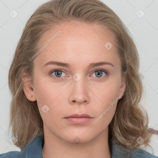 Neutral white young-adult female with medium  brown hair and grey eyes