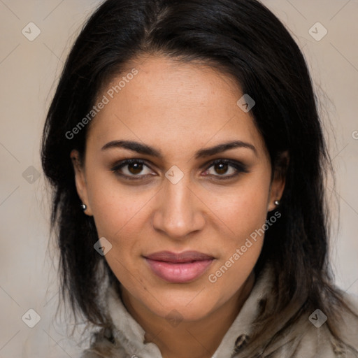 Joyful latino young-adult female with long  brown hair and brown eyes