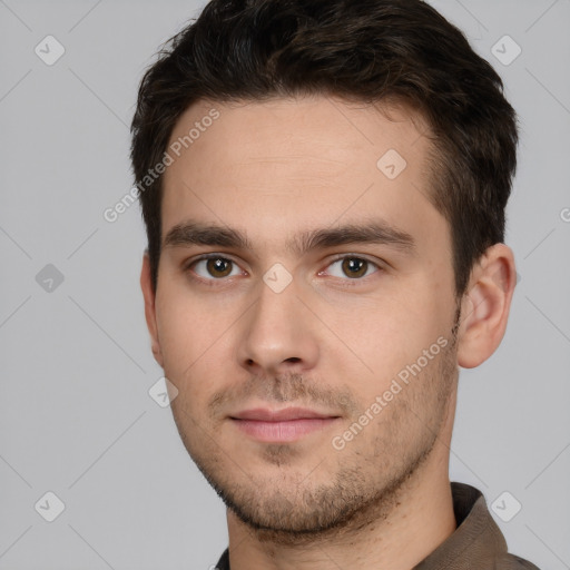 Neutral white young-adult male with short  brown hair and brown eyes