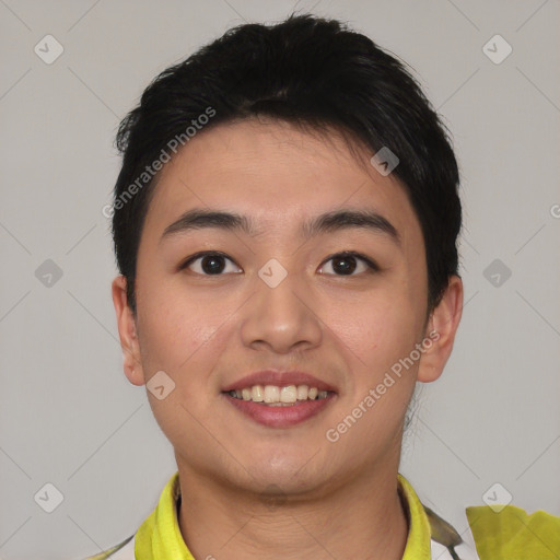 Joyful asian young-adult male with short  black hair and brown eyes