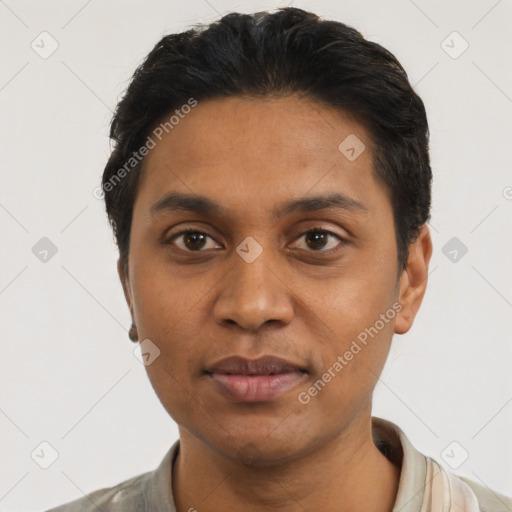 Neutral latino young-adult male with short  black hair and brown eyes