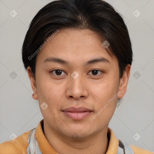 Joyful asian young-adult female with short  brown hair and brown eyes