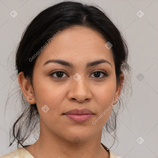 Joyful latino young-adult female with medium  brown hair and brown eyes