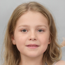 Joyful white child female with medium  brown hair and blue eyes