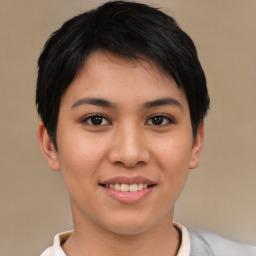 Joyful asian young-adult female with short  black hair and brown eyes