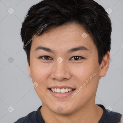 Joyful asian young-adult female with short  brown hair and brown eyes