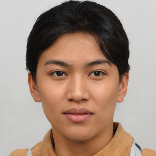 Neutral asian young-adult female with short  black hair and brown eyes