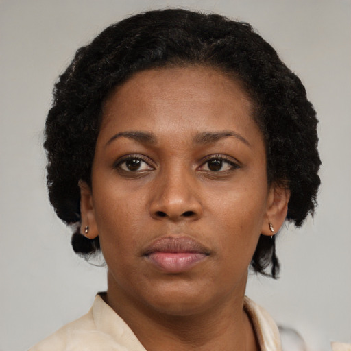 Neutral black young-adult female with short  brown hair and brown eyes
