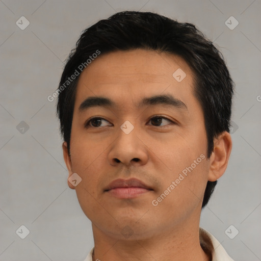 Neutral asian young-adult male with short  black hair and brown eyes