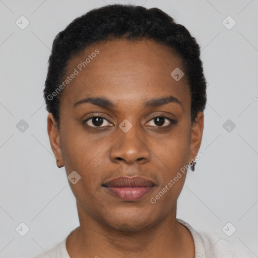 Joyful black young-adult female with short  black hair and brown eyes