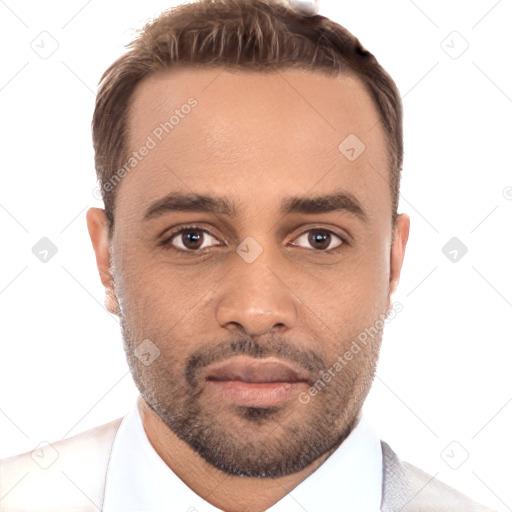 Neutral white young-adult male with short  brown hair and brown eyes