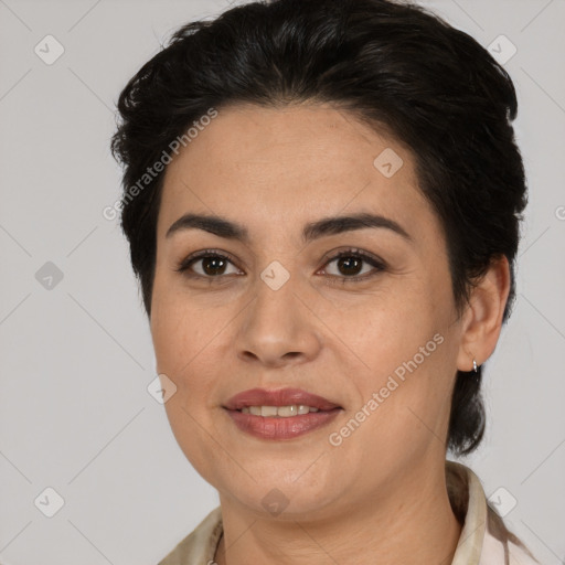 Joyful white adult female with medium  brown hair and brown eyes