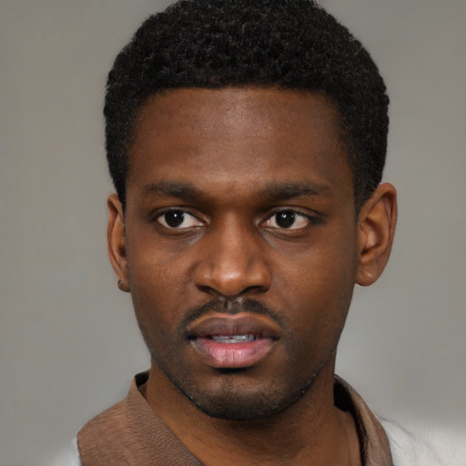 Neutral black young-adult male with short  black hair and brown eyes