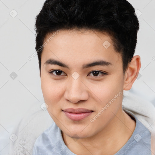 Joyful asian young-adult female with short  brown hair and brown eyes