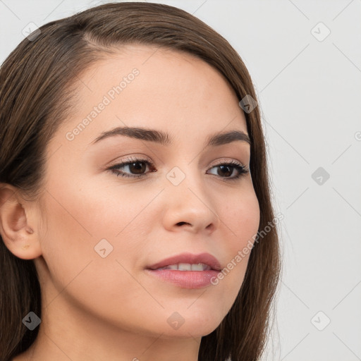 Neutral white young-adult female with long  brown hair and brown eyes