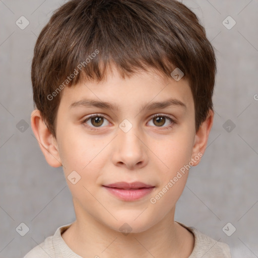 Joyful white child male with short  brown hair and brown eyes