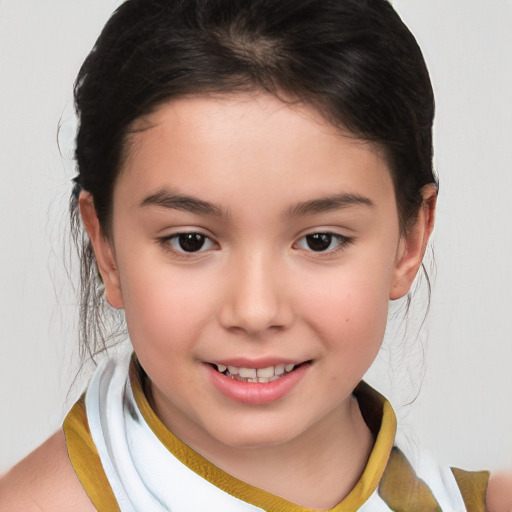 Joyful white child female with medium  brown hair and brown eyes