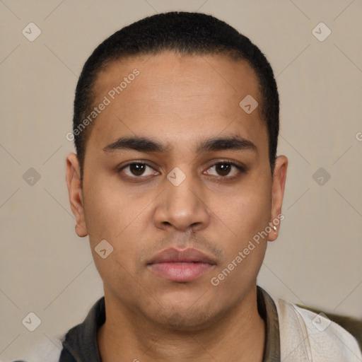 Neutral latino young-adult male with short  brown hair and brown eyes