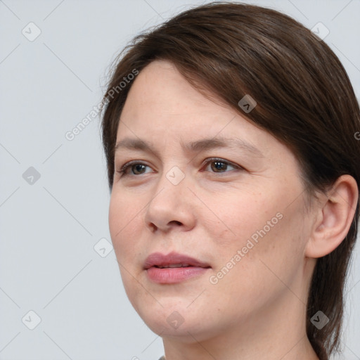 Neutral white young-adult female with medium  brown hair and brown eyes