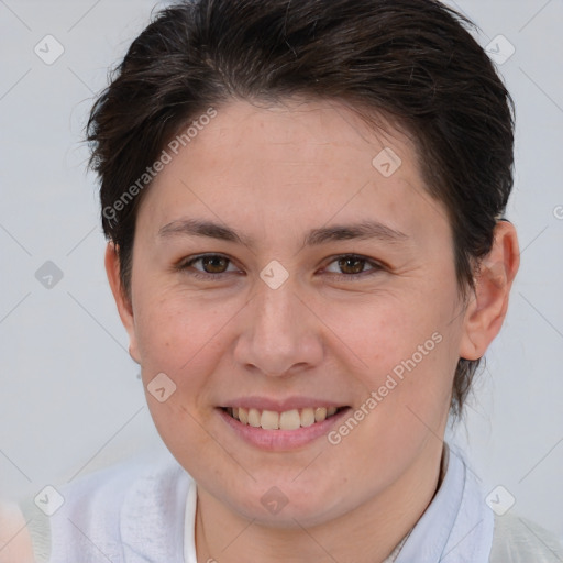 Joyful white young-adult female with short  brown hair and brown eyes