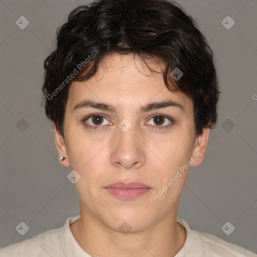 Neutral white young-adult female with short  brown hair and brown eyes